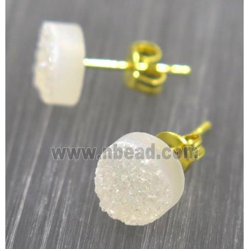 white AB-color druzy agate earring studs, gold plated