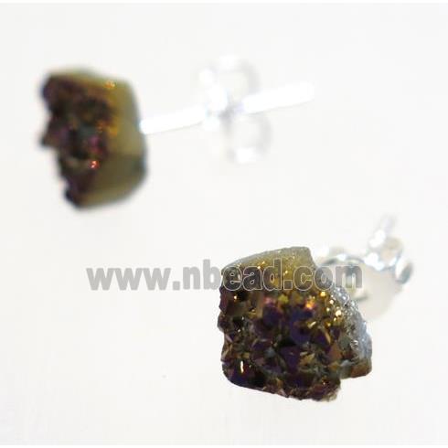 purple druzy agate earring studs, silver plated