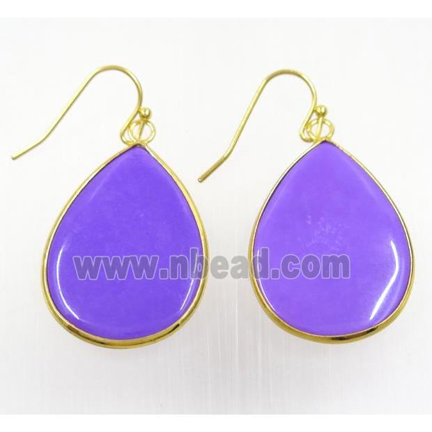 purple glass Earring, teardrop, gold plated
