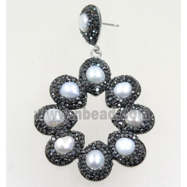 white pearl earring paved black rhinestone
