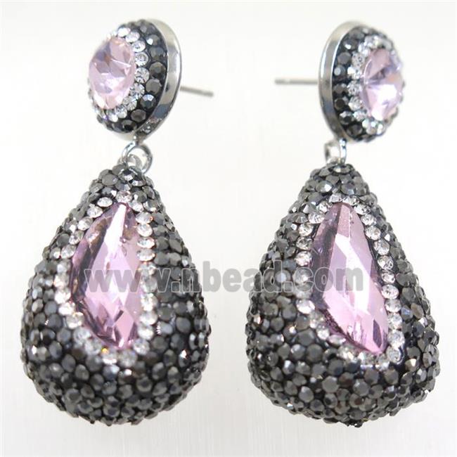 pink Chinese Crystal Glass Earring pave rhinestone