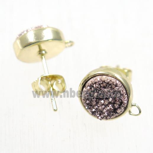 coffee druzy quartz earring studs, flat-round, gold plated