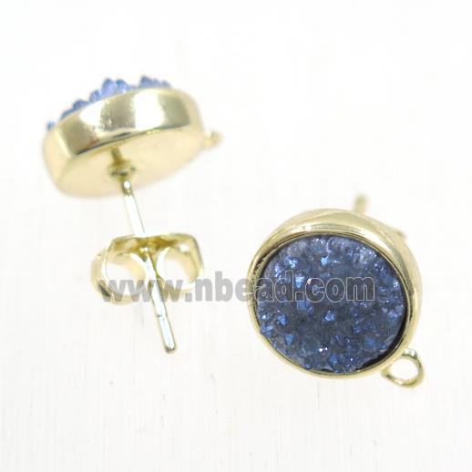 gray-blue druzy quartz earring studs, flat-round, gold plated