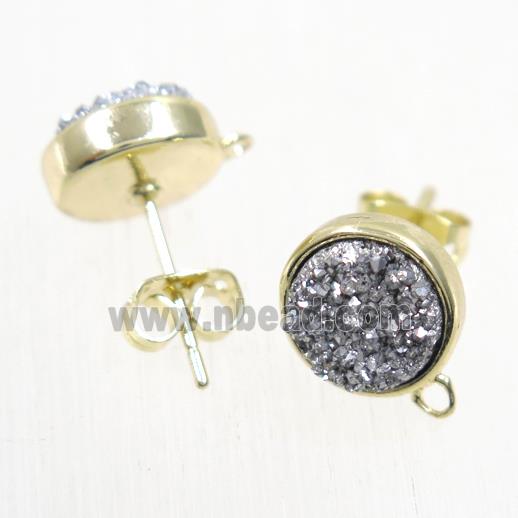 silver druzy quartz earring studs, flat-round, gold plated
