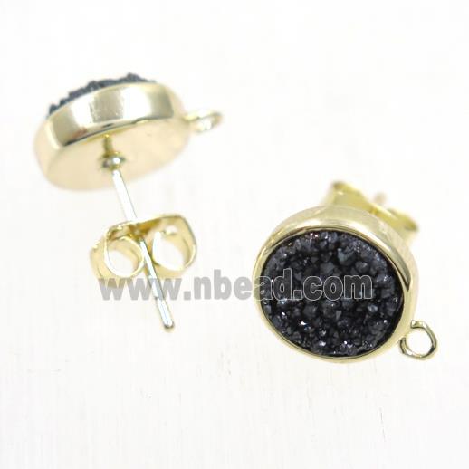 black druzy quartz earring studs, flat-round, gold plated
