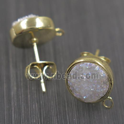 white AB-color druzy quartz earring studs, flat-round, gold plated