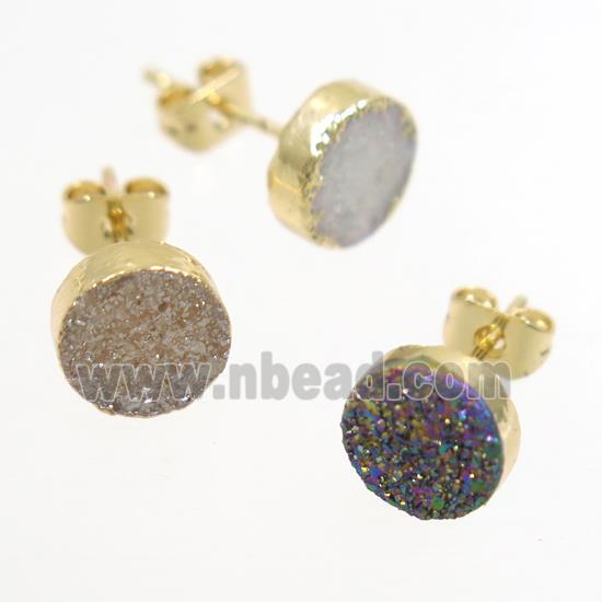 Druzy quartz Earring Studs, mixed color, gold plated