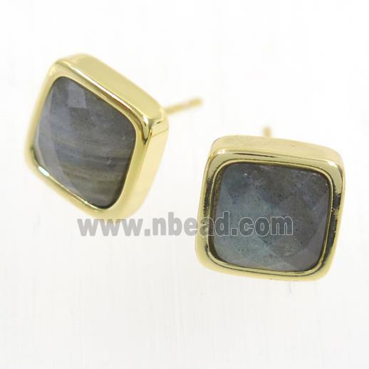 Labradorite earring studs, square, gold plated