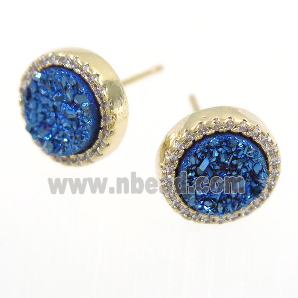blue Druzy Quartz earring studs paved zircon, circle, gold plated