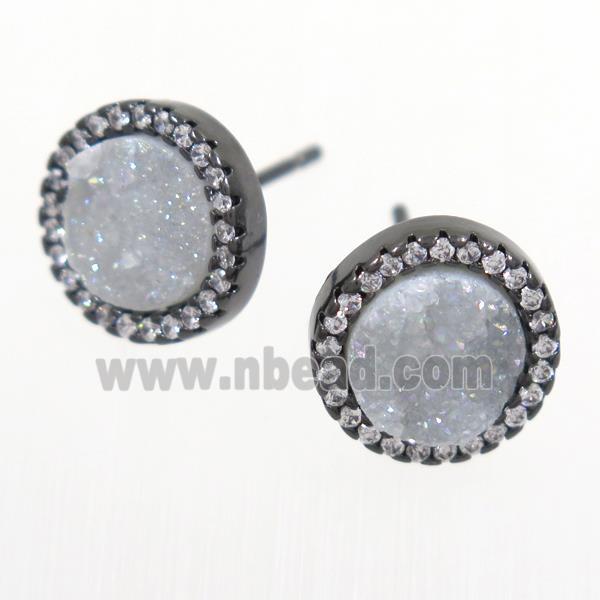 white AB-color Druzy Quartz earring studs paved zircon, circle, black plated