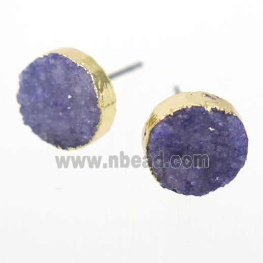 purple druzy quartz earring studs, circle, gold plated