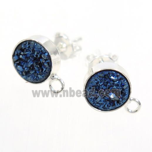 blue druzy quartz earring studs, silver plated