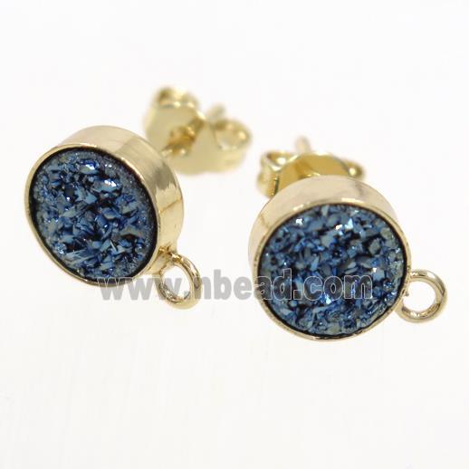 blue druzy quartz earring studs, gold plated
