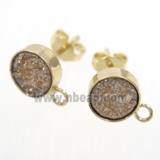gold champagne druzy quartz earring studs, gold plated