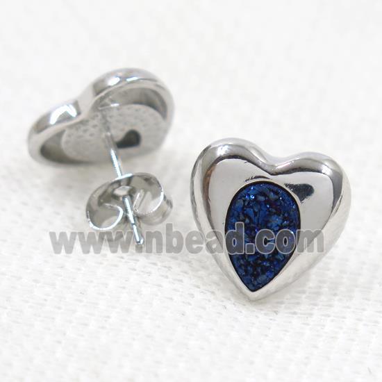 blue druzy quartz earring studs, heart, platinum plated