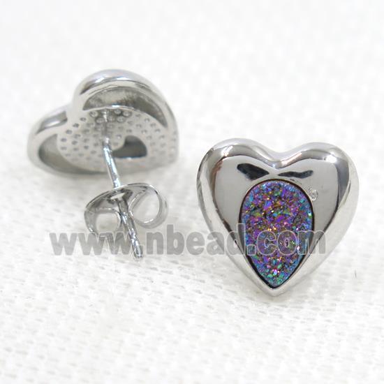 rainbow druzy quartz earring studs, heart, platinum plated