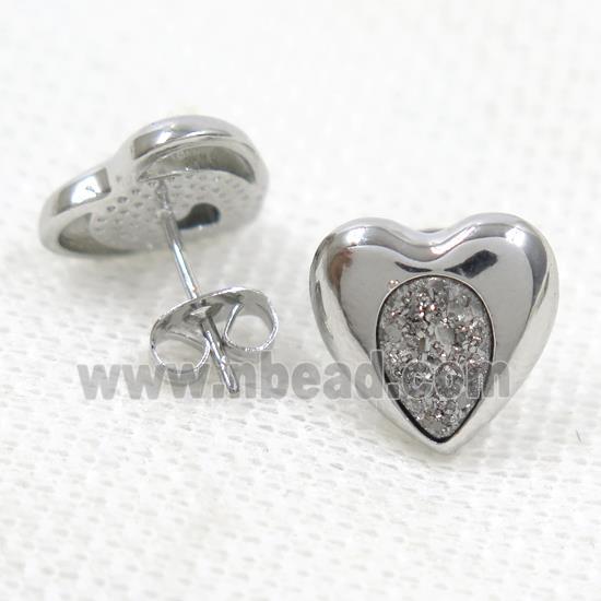 silver druzy quartz earring studs, heart platinum plated
