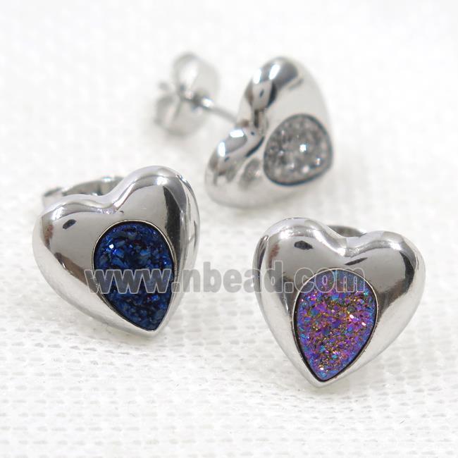 mix color druzy quartz earring studs, heart platinum plated