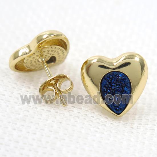 blue druzy quartz earring studs, heart, gold plated