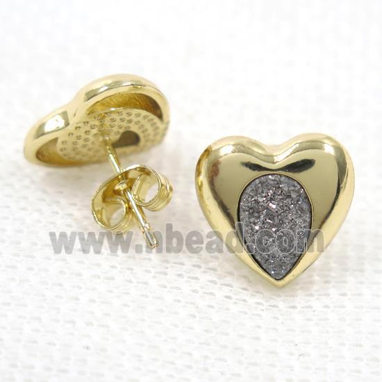 silver druzy quartz earring studs, heart, gold plated
