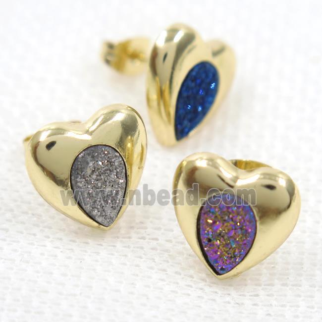 mix color druzy quartz earring studs, heart, gold plated