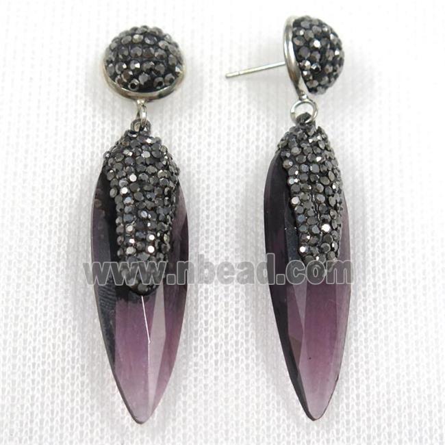 purple glass crystal earring paved rhinestone