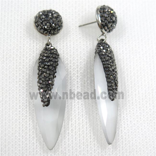white glass crystal earring paved rhinestone