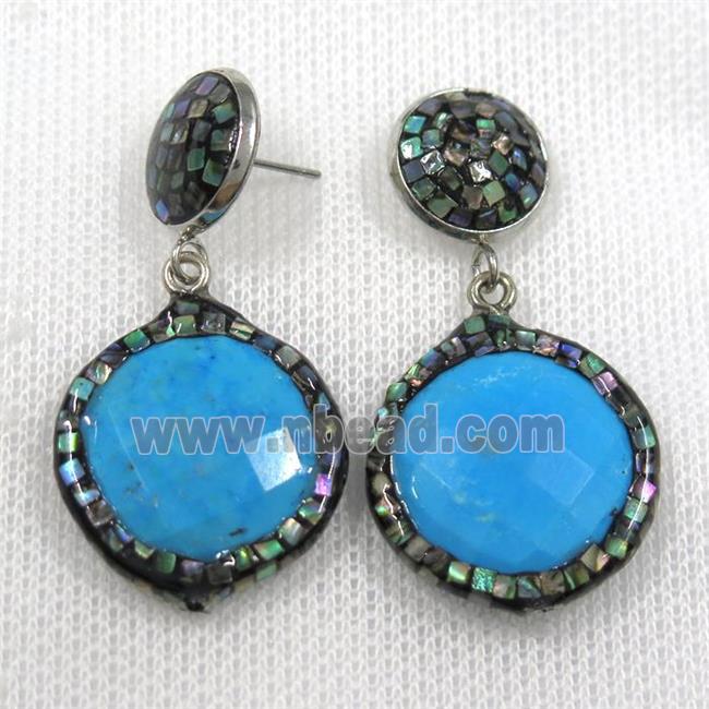 blue turquoise earrings pave abalone shell, circle