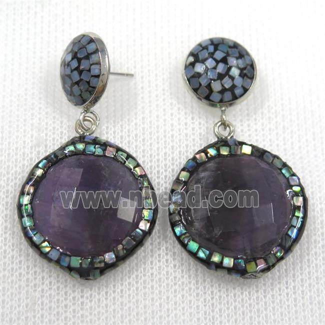 purple amethyst earrings pave abalone shell, circle