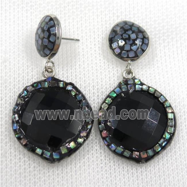 black agate earrings pave abalone shell, circle