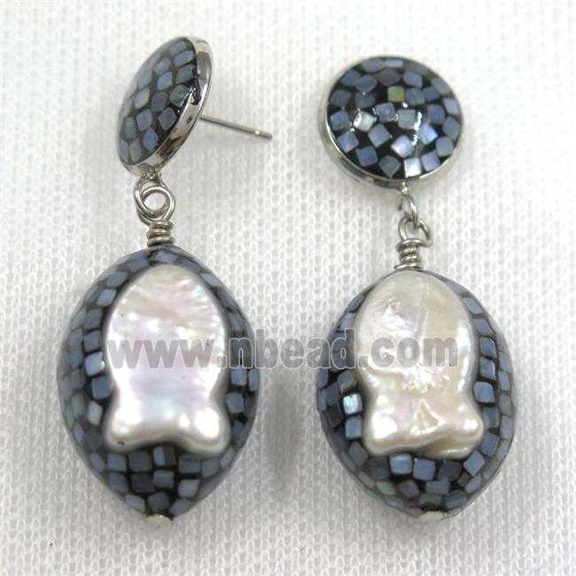 white Pearl Earrings paved abalone shell, fish