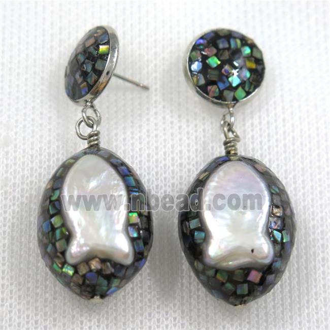 white Pearl Earrings paved abalone shell, fish