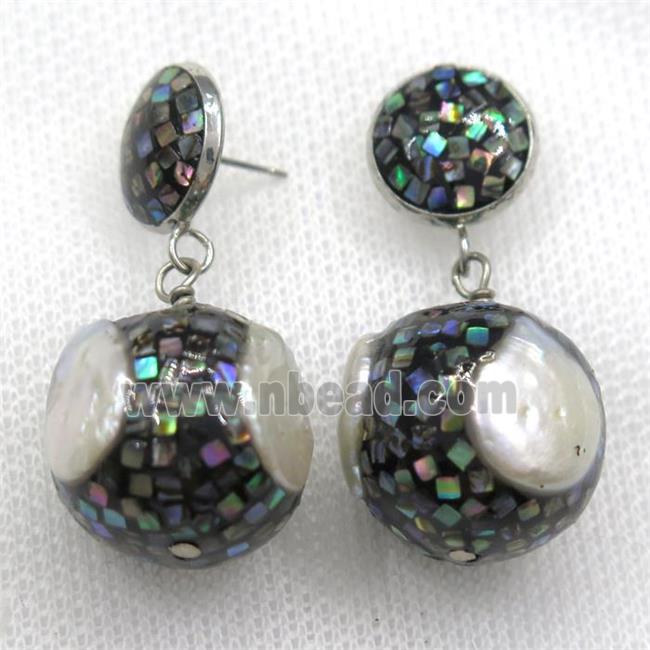 white Pearl Earrings paved abalone shell, round