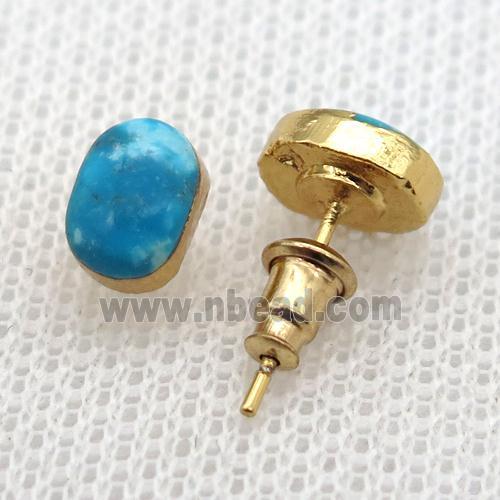 Blue Magnesite Turquoise Stud Earring Oval Gold Plated
