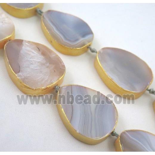 natural Agate beads, teardrop, dark-gold plated