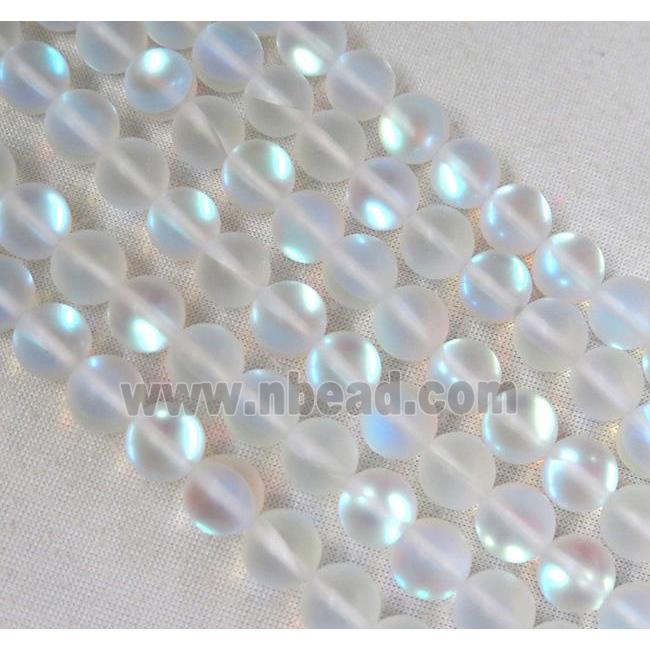 round synthetic white Mystic Aura Quartz Crystal Beads, glowing, matte