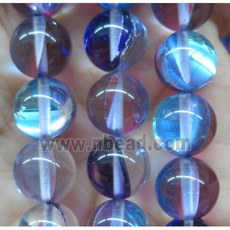 round blue synthetic Aura Quartz Beads, Glowing Glass