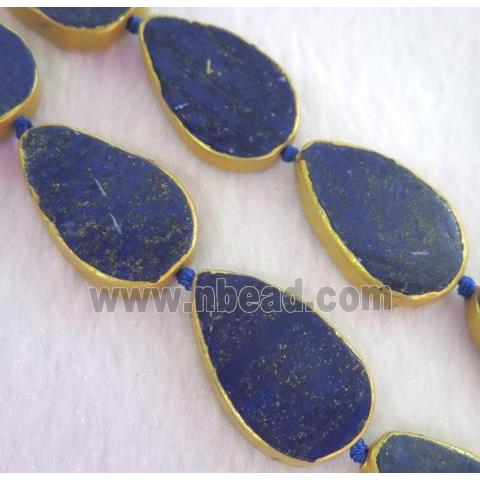 lapis lazuli bead, teardrop, gold plated