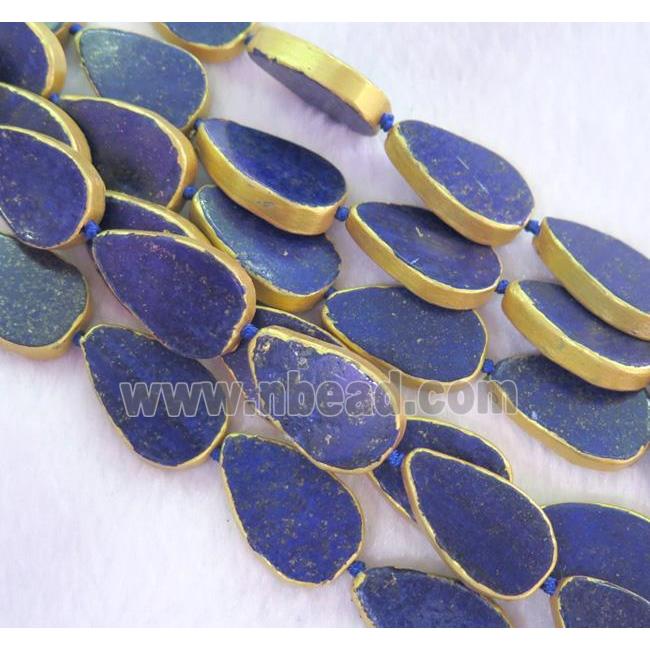 lapis lazuli bead, teardrop, gold plated
