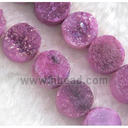 druzy quartz bead, flat round, hot-pink