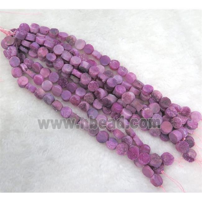 druzy quartz bead, flat round, hot-pink