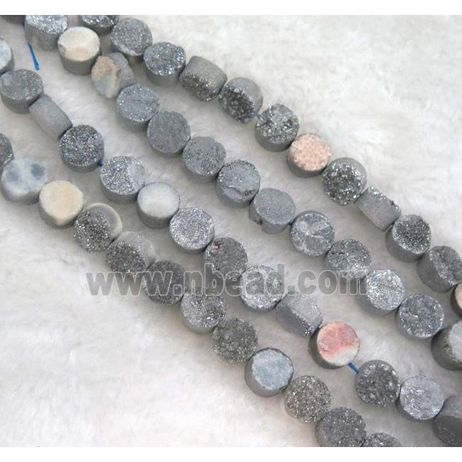 druzy quartz circle beads, silver electroplated