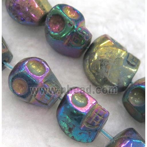 pyrite bead, skull, rainbow electroplated
