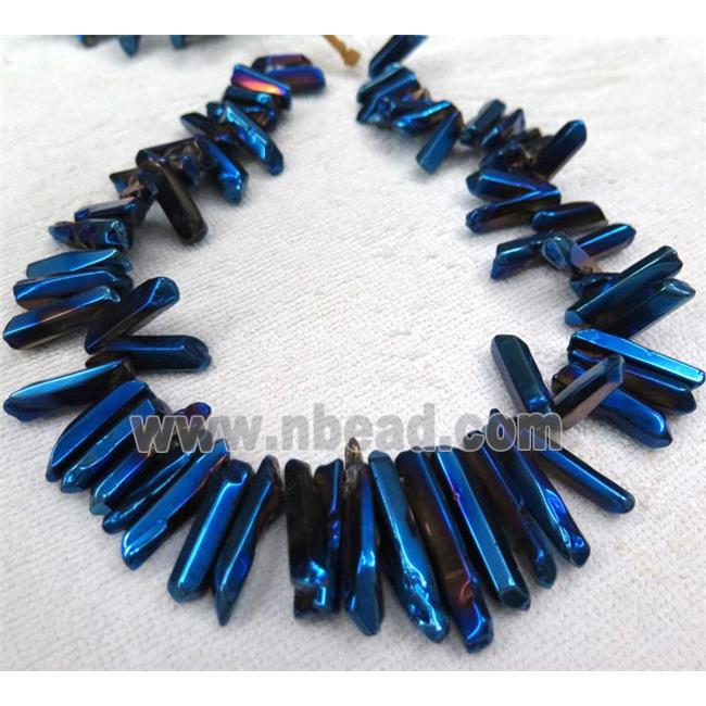 Clear Quartz stick bead for necklace, blue electroplated, polished