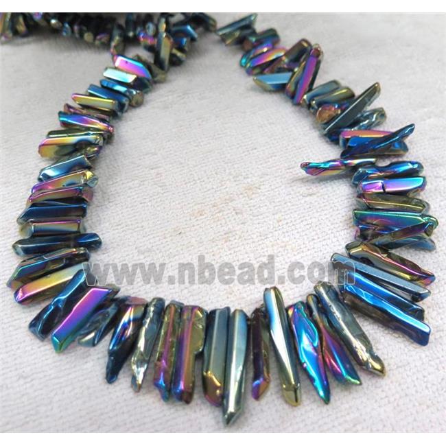 Clear Quartz beads for necklace, stick, rainbow electroplated, polished