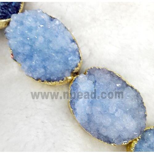 lt.blue druzy quartz beads, oval, gold plated