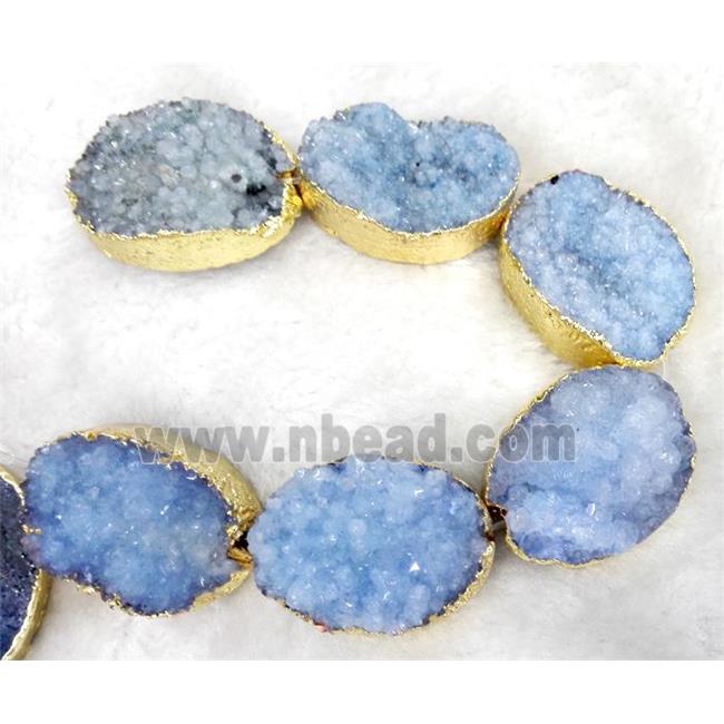 lt.blue druzy quartz beads, oval, gold plated