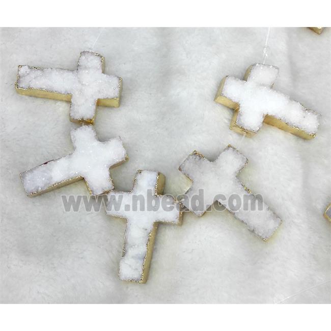 white druzy quartz cross beads, gold plated
