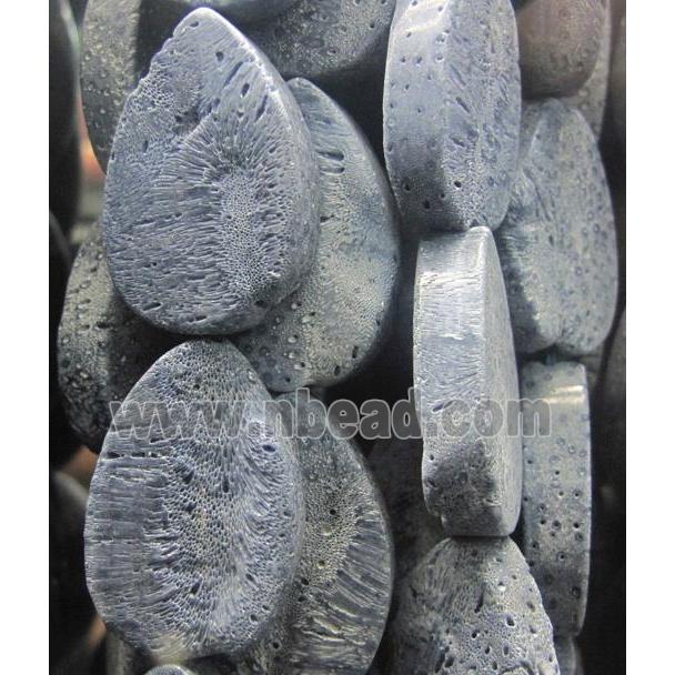 blue coral fossil stone bead, flat teardrop