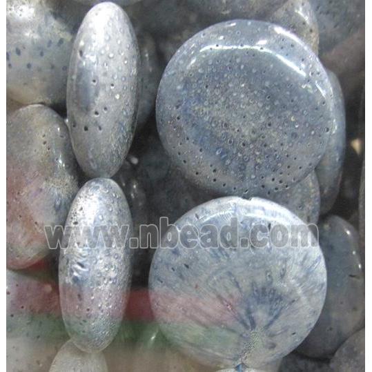 blue coral fossil stone bead, flat-round